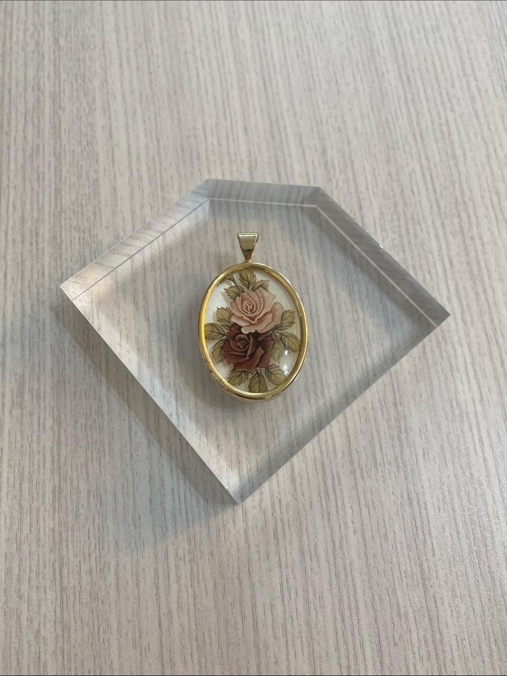 Gold-Tone Rose Floral Oval Pendant Necklace